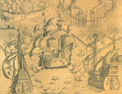 Starcie francuskich i portugalskich statków na Oceanie Atlantyckim o posiadanie Brazylii, ilustracja z historii Ameryki, Theodore de Bry autorstwa Theodore de Bry