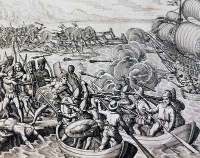 Starcie rdzennych Indian z wojskami hiszpańskimi, rycina z Historii Americae, Theodor de Bry (1528-1598), Frankfurt autorstwa Theodore de Bry