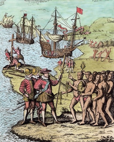 Columbus at Hispaniola, z „The Narrative and Critical History of America”, pod redakcją Justina Winsora, Londyn, 1886 (późniejsze zabarwienie) autorstwa Theodore de Bry