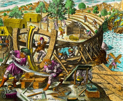 Budowa łodzi dla hiszpańskiego nawigatora Vasco Nuneza de Balboa (1475-1517) Rycina z „Historii Ameryk” Theodore de Bry (1528-1598) XVI wiek. Prywatna kolekcja autorstwa Theodore de Bry