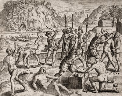 Opis zbrodni dokonanych na Indianach przez hiszpańskich osadników - konkwistadorzy dokonujący masakry w indyjskiej wiosce. Amputacje des mains - Grawerowanie przez Theodore de Bry w „Narracji niektórych z najbardziej zgwałconych Indian przez Hiszpanów” Bar autorstwa Theodore de Bry