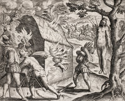 Opis zbrodni wyrządzonych Indianom przez hiszpańskich osadników - Pożar wioski indiańskiej przez konkwistadorów. Wiszące - Grawerowanie autorstwa Theodore de Bry w „Najprawdziwszej historii niektórych zdewastowanych Hiszpanów” Bartolome de las Casa autorstwa Theodore de Bry