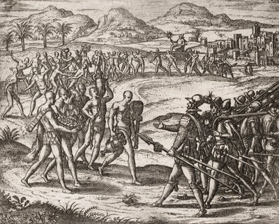 Opis zbrodni wyrządzanych Indianom przez hiszpańskich osadników - Indianie przynoszący konkwistadorom prezenty i złoto - Grawerowanie autorstwa Theodore de Bry w " "Historia niektórych zdewastowanych hiszpańskich Hiszpanów autorstwa Theodore de Bry