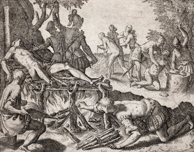 Opis zbrodni wyrządzonych Indianom przez hiszpańskich osadników - Miejsce torturowania Indian przez hiszpańskich konkwistadorów. Tortury na grillu, amputacja rąk - Rycina Theodore