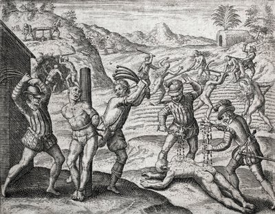 Opis zbrodni popełnionych na Indianach przez hiszpańskich osadników - Hiszpanie torturujący Indian - Grawerowanie Theodore de Bry w „Brevisima Relacion de la Destruction de las Indias” Bartolome de las Casas (1484-1566) autorstwa Theodore de Bry