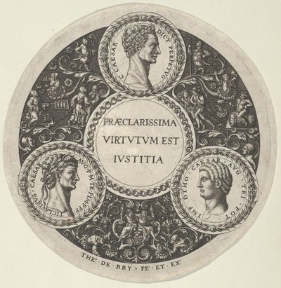 Projekt naczynia z portretami cesarzy rzymskich Cezara, Klaudiusza i Othona, ok…. 1588. autorstwa Theodore de Bry