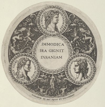 Projekt naczynia z portretami cesarzy rzymskich Nerona, Galby i Kaliguli, ca. ...,ok. 1588. autorstwa Theodore de Bry