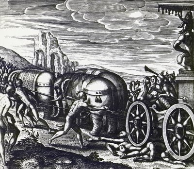 Wielbiciele miażdżeni przez rydwan podczas procesji bożka, Theodor de Bry (1528-1598), rycina autorstwa Theodore de Bry