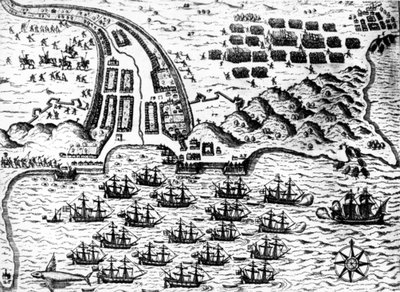 Drake zdobył łódź „Saint Giacomo” na wyspie Capo Verde w 1585 roku przez De Bry autorstwa Theodore de Bry