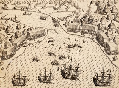 Holendrzy przybywający na wyspę Madura, Jawa, rycina z pracy India Orientalis, Theodor de Bry (1528-1598), Indonezja autorstwa Theodore de Bry