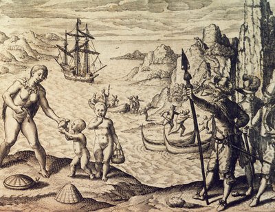 Holenderski kapitan Sebald de Weert lądujący na wybrzeżu Gujany, z Historia americae, autorstwa Theodora de Bry (1528-1598), Frankfurt autorstwa Theodore de Bry