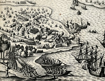 Holenderska wyprawa wzdłuż wybrzeża Mozambiku, rycina z Indii orientalis autorstwa Theodora de Bry (1528-1598) autorstwa Theodore de Bry