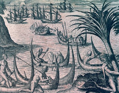 Holenderskie statki w Cieśninie Magellana, grawerowanie z historii Ameryki przez Theodore de Bry (1528-1598), Frankfurt autorstwa Theodore de Bry