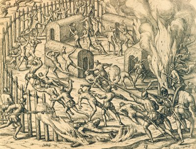 Europejscy zdobywcy atakujący indiańską wioskę, ilustracja z historii Ameryki autorstwa Theodore