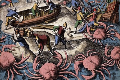 Europejscy nawigatorzy walczący z wielkim krabem. Grawer z „Petities voyages aux Indes Orientales” Teodora de Bry autorstwa Theodore de Bry