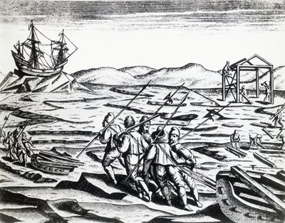 Wyprawa kierowana przez Williama Barentsa (ok. 1550-1597) w poszukiwaniu Przejścia Północno-Wschodniego z Peregrinationes, Theodor de Bry (1528-1598), rycina autorstwa Theodore de Bry