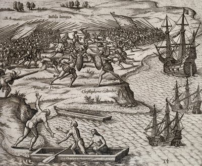 Walka Krzysztofa Kolumba z Francesco Poresio na Jamajce, rycina Theodor de Bry (1528-1598) autorstwa Theodore de Bry