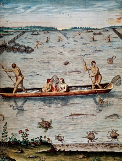 Techniki połowu tubylców w Wirginii, grawerowanie Theodora de Bry (1528-1598) z Admiranda zaufania narracyjnego tamen, commodis et de incolarvm ritibvs Virginae autorstwa Theodore de Bry