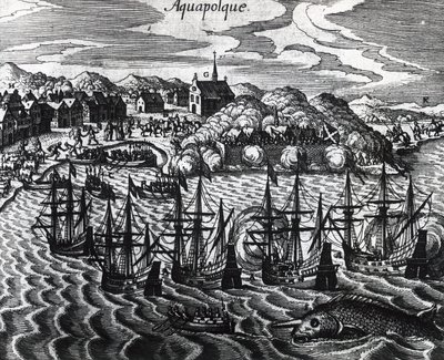Flota galeonów w porcie Acapulco, autor Theodor de Bry (1528-1598), rycina autorstwa Theodore de Bry