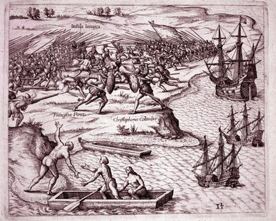 Czwarta wyprawa Krzysztofa Kolumba na wyspę Jamajka w 1503 (Grawerowanie autorstwa Theodore de Bry
