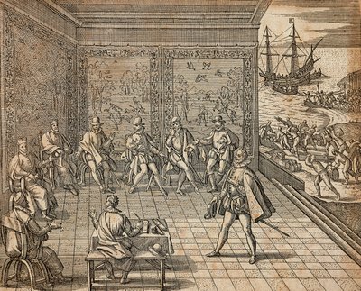 Francisco Pizarro przygotowuje się do wyprawy do Ameryki Południowej — Theodor de Bry autorstwa Theodore de Bry