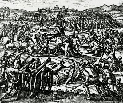 Wojska Francisco Pizarro (ok. 1475-1541) zdobywają cesarza Inków Atahualpę podczas bitwy pod Cajamarca, 16 listopada autorstwa Theodore de Bry