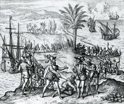 Francisco de Bobadilla przybywa jako gubernator i aresztuje Krzysztofa Kolumba (1451-1506) w Hispanioli, 1500, 1590 autorstwa Theodore de Bry