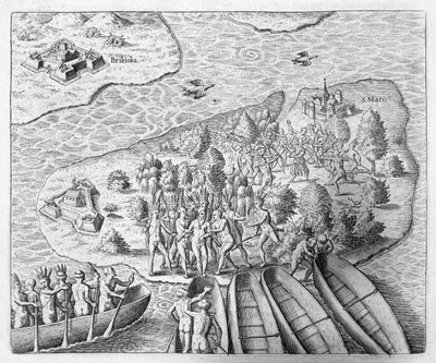 Hans Staden schwytany przez Indian Tupinamba podczas podróży do Brazylii, 1552, z „Newe Welt und Americanische Historien” Johanna Ludwiga Gottfrieda, wydanej przez Mattaeusa Meriana, Frankfurt, 1631 (eng. autorstwa Theodore de Bry