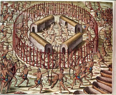 Historia Ameryki: „”Indiańska wioska Wirginii””Rycina z „”Admirable Narratio Americae””Theodore de Bry (1528-1598) autorstwa Theodore de Bry