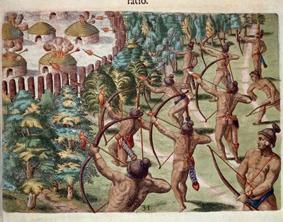 Historia Ameryki: „”Plemię indiańskie atakuje nocą wioskę na Florydzie””Grawerunek z „”Admirante Narratio Americae””Theodore de Bry (1528-1598) autorstwa Theodore de Bry