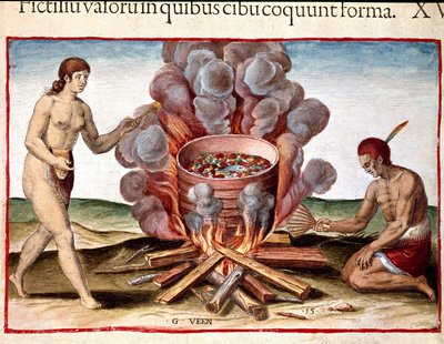 Historia Ameryki: Grawer „Indian Cooking Fish” z „The Admirable Narrative of America” Theodore de Bry (1528-1598) autorstwa Theodore de Bry