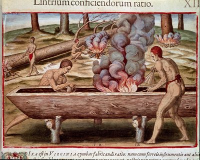 Historia Ameryki: „Indianie budują łodzie”” Grawerowanie z „Admirante Narratio Americae” autorstwa Theodore de Bry (1528-1598) autorstwa Theodore de Bry