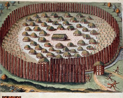 Historia Ameryki: „”Reprezentacja indiańskiej wioski ufortyfikowanej na Florydzie””Rycina z „”Admirante Narratio Americae””Theodore de Bry (1528-1598) autorstwa Theodore de Bry