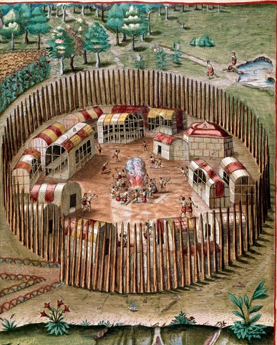 Historia Ameryki: „”Reprezentacja ufortyfikowanego miasta Pomeiock lub Pomeiooc w Wirginii w 1585”””Grawerunek z „”Admirante Narratio Americae”””Theodore de Bry (1528-1598) autorstwa Theodore de Bry