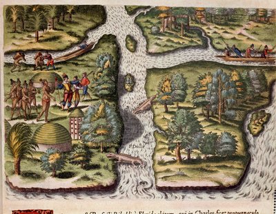 Historia Ameryki: „”Francuzi z ekspedycji Jeana Ribaulta (lub Ribauta) osiedlili się w Charlesfort (Fort Carolina) dostarczają żywność Indianom z Florydy, aligatory są reprezentowane w rzekach””” Grawerowanie z „Admirante Narratio Americae”” ( Historia autorstwa Theodore de Bry