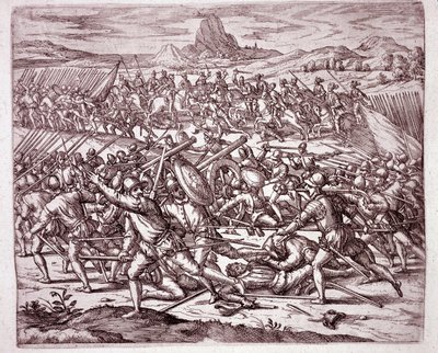 Historia Ameryki: walki pomiędzy armiami Vaca de Castro i Almagro junior po śmierci Francisco Pizarro i Diego de Almagro (Grawerowanie autorstwa Theodore de Bry