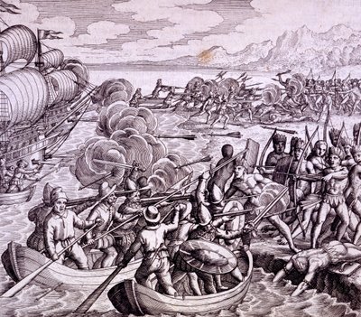 Jak Hiszpanie wylądowali na wyspie Haiti z 400 mężczyznami, którzy wdali się w wielką bitwę z tubylcami, ilustracja z „Podróży Vespucciego do Indii Zachodnich” autorstwa Theodore de Bry