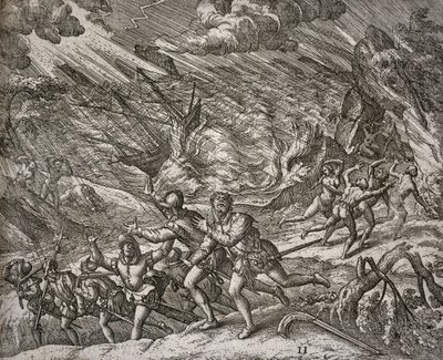 Huragan zatapiający Santa Maria, karawelę Krzysztofa Kolumba autorstwa Theodore de Bry