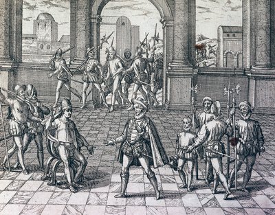 Cesarz Inków Atahualpa wzięty do niewoli przez Hiszpanów w Cajamarca, Peru, grawerowanie z historii Ameryki przez Theodore de Bry (1528-1598), Frankfurt autorstwa Theodore de Bry
