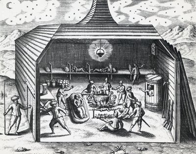 Wnętrze zimowego domu Williama Barentsa (ok. 1550-1597) w rosyjskim archipelagu Nowej Ziemi, rycina Theodor de Bry (1528-1598), autorstwa Theodore de Bry