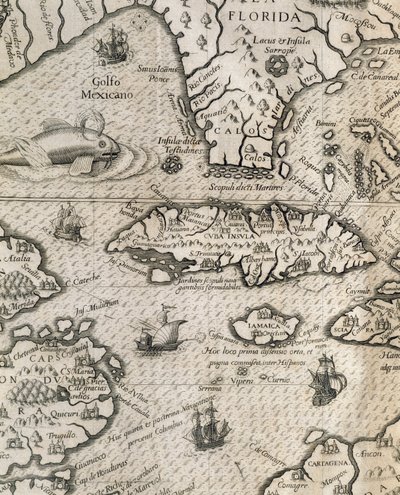 Wyspa Kuba, Floryda i Zatoka Meksykańska, rycina z Historii Wielkich Podróży Amerykańskich autorstwa Theodore de Bry