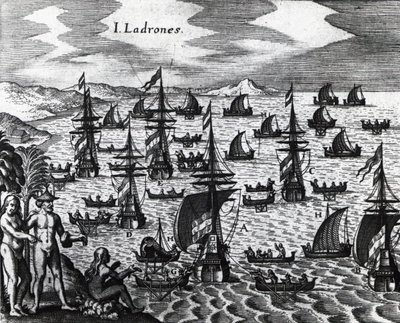 Wyspy złodziei (Islas de los Ladrones, dziś Mariany), grawerowanie z Peregrinationes, autorstwa Theodora de Bry (1528-1598). 16 wiek autorstwa Theodore de Bry