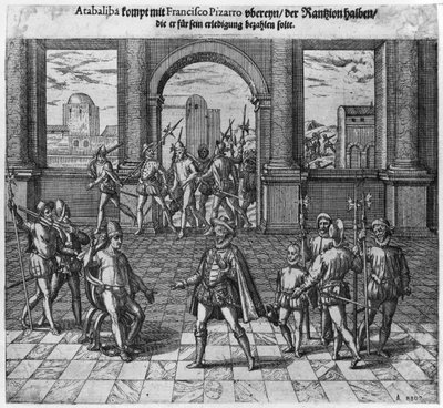 Król Atahualpa (ok. 1502-33) załatwiający okup z Francisco Pizarro, 1533 (rycina) (zdjęcie bw) autorstwa Theodore de Bry