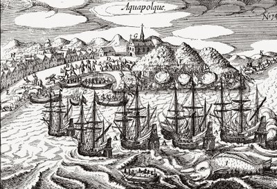 Meksyk, Widok Acapulco - Meksyk (Aquapolque), Theodore de Bry, ca. 1630. Wczesny widok kolonialnej osady w Acapulco, którą Hiszpanie wykorzystywali jako główny port dla handlu na Pacyfiku z Filipinami. Port jest wypełniony galeonami i lar autorstwa Theodore de Bry