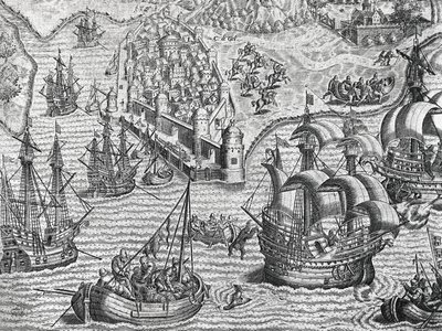 Bitwa morska, grawerowanie z historii Ameryki przez Theodore de Bry (1528-1598), Frankfurt autorstwa Theodore de Bry