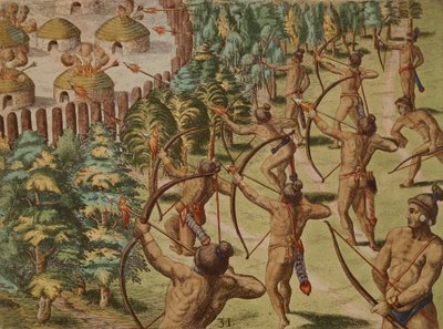 Nocny atak na indiańską wioskę z płonącymi strzałami autorstwa Theodore de Bry