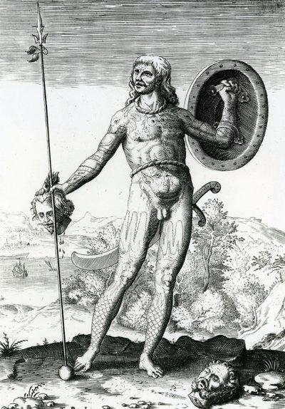 Piktyjski mężczyzna trzymający ludzką głowę autorstwa Theodore de Bry