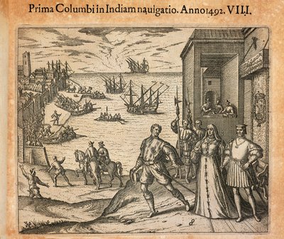 Królowa Izabela i Król Ferdynand witają odejście Krzysztofa Kolumba w Palos, Hiszpania, rycina Theodor de Bry (1528-1598) autorstwa Theodore de Bry