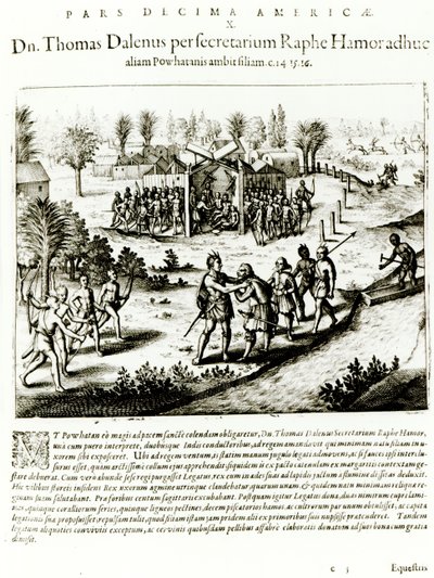 Ralph Hamor odwiedza Powhatan, 1619 (rycina) (bw zdjęcie) autorstwa Theodore de Bry