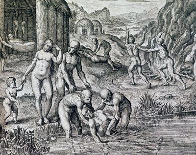 Środki stosowane przez tubylców przeciwko chorobom, rycina z Historia America, Theodor de Bry (1528-1598), Frankfurt autorstwa Theodore de Bry